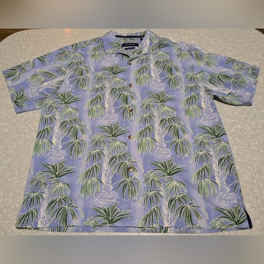 Tommy Bahama Men's XL Silk Button Up Short Sleeve Blue Green Palm Trees Shirt
